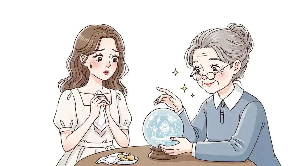 元カレとの復縁「まだ間に合う?」かどうかを占い師に占ってもらっている不安げな女性